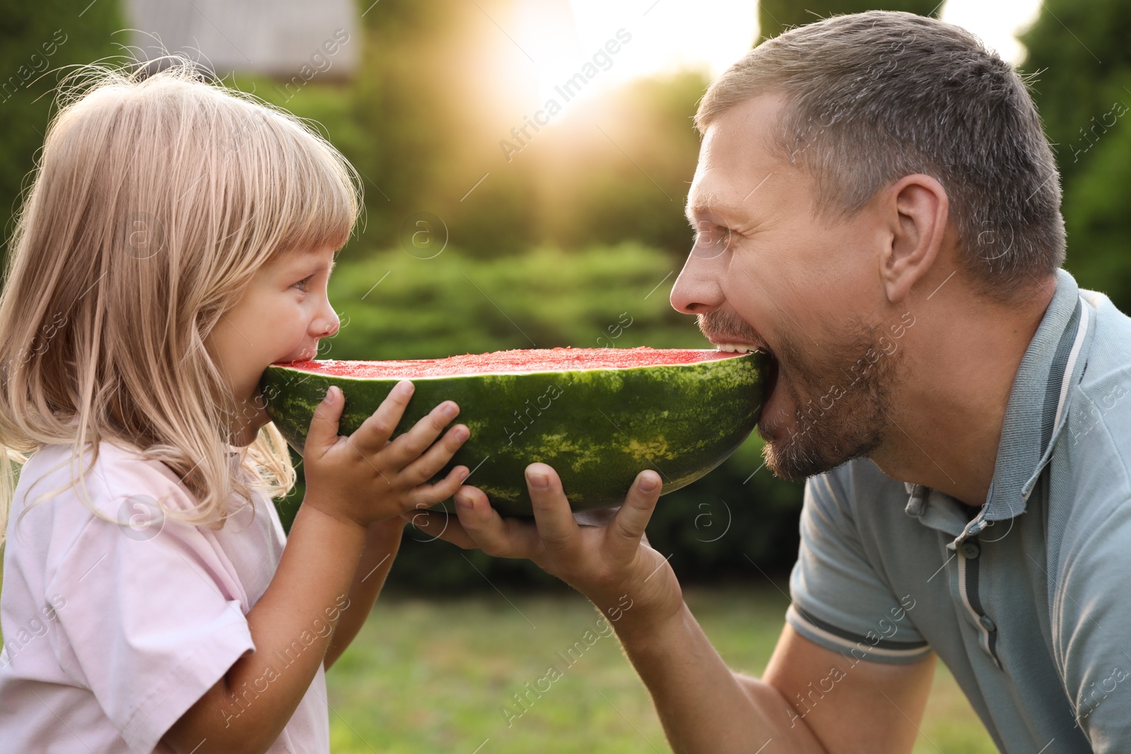 Photo of Man and his cute daughter eating juicy watermelon outdoors together