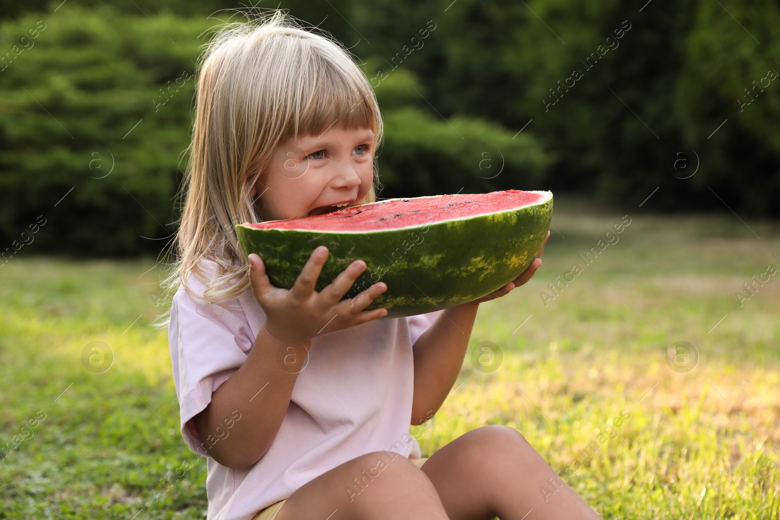 Photo of Cute little girl with half of juicy watermelon on green grass outdoors