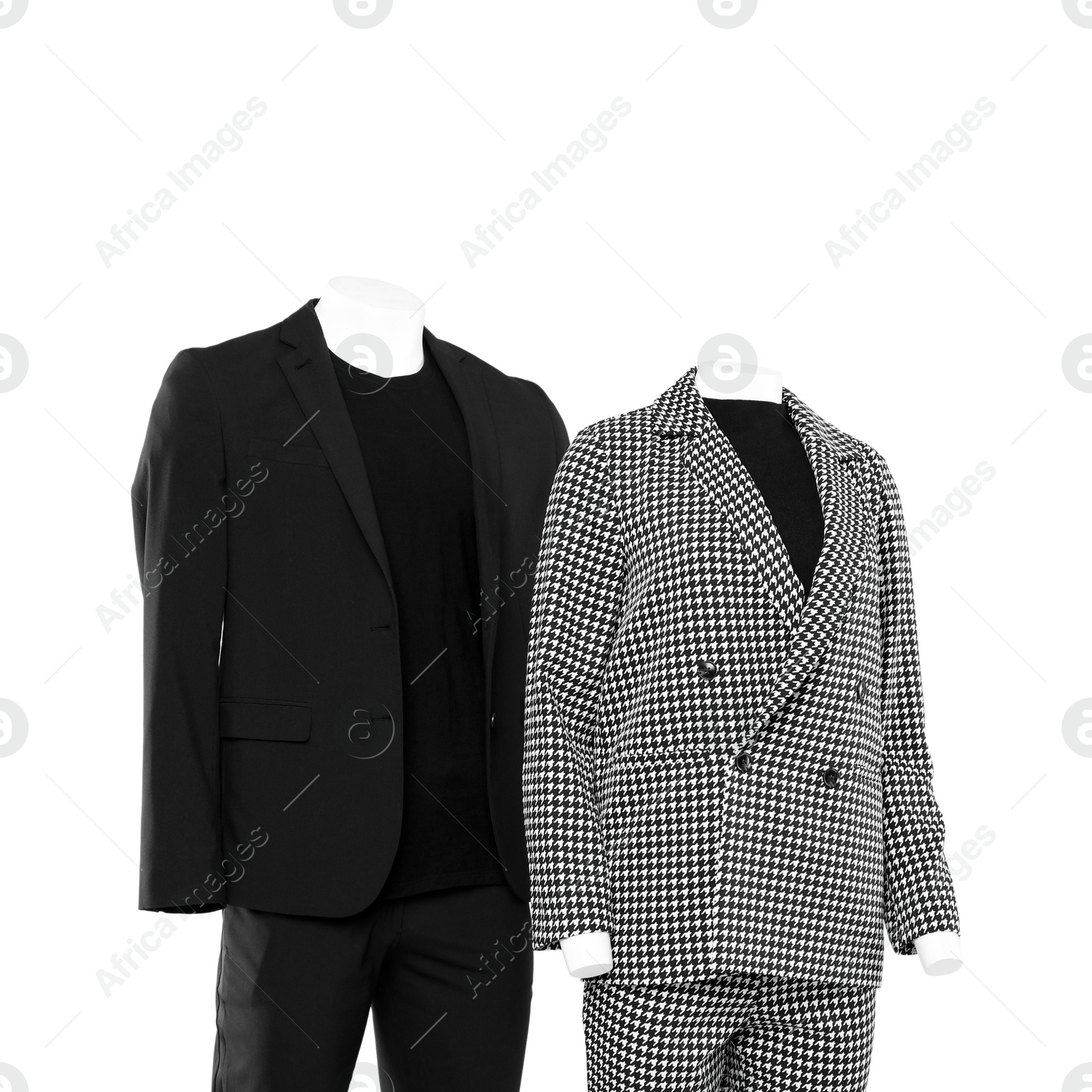 Photo of Female and male mannequins with stylish outfits isolated on white