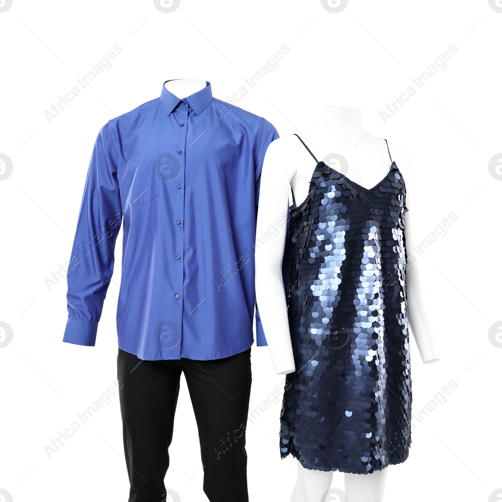 Photo of Female and male mannequins with stylish outfits isolated on white