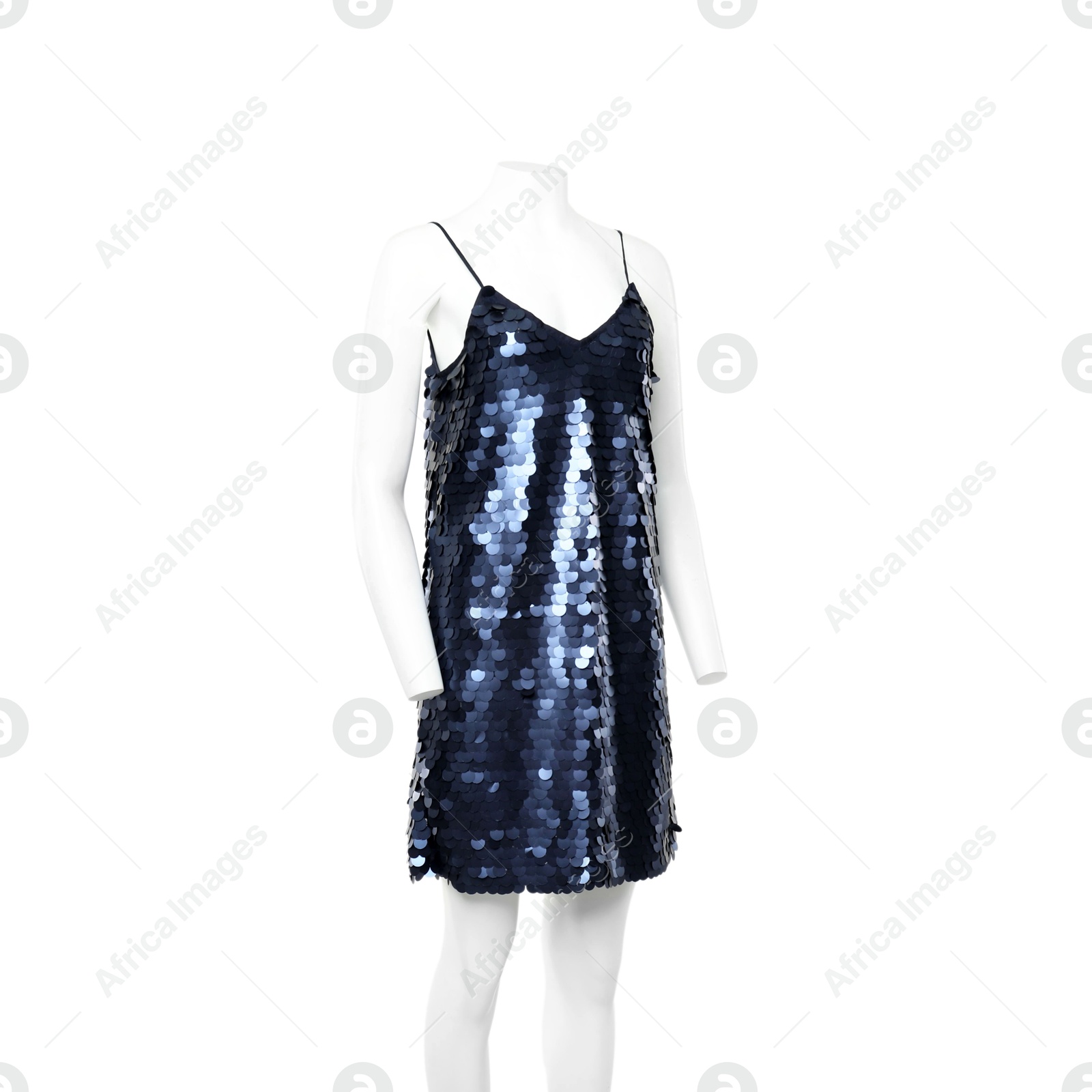 Photo of Female mannequin with stylish blue dress isolated on white