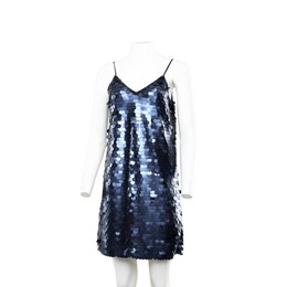 Photo of Female mannequin with stylish blue dress on light background, space for text