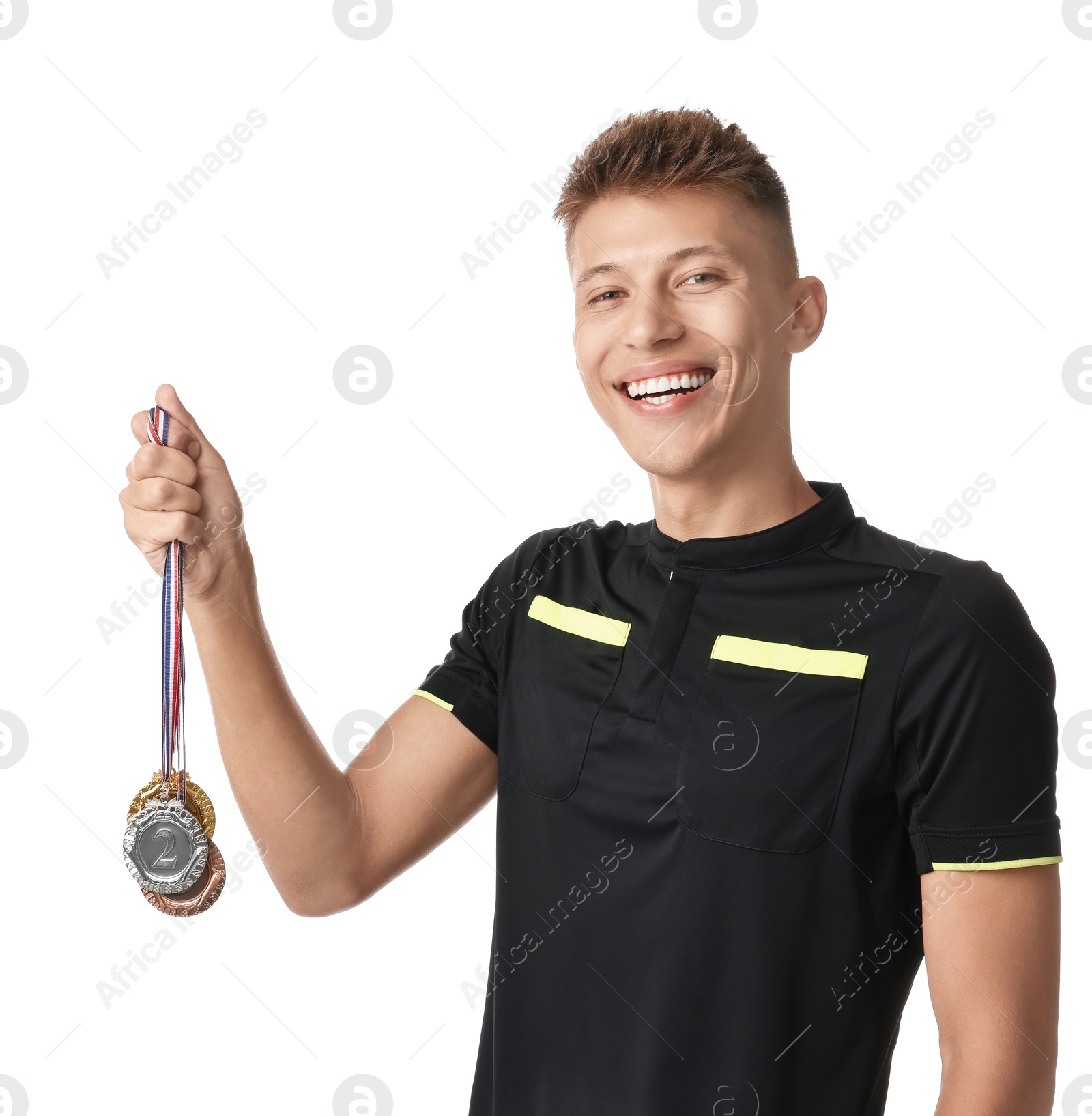 Photo of Happy winner with different medals on white background