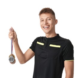 Photo of Happy winner with different medals on white background