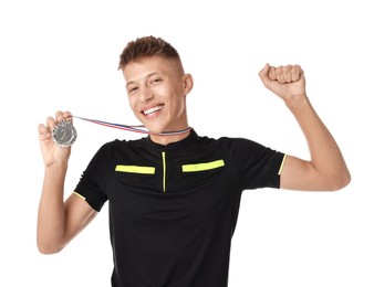 Photo of Happy winner with silver medal on white background