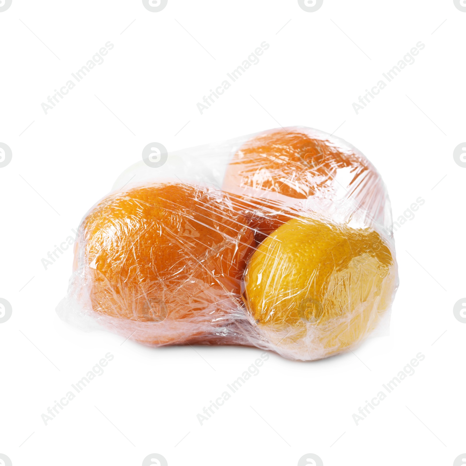 Photo of Fresh fruits with plastic food wrap isolated on white