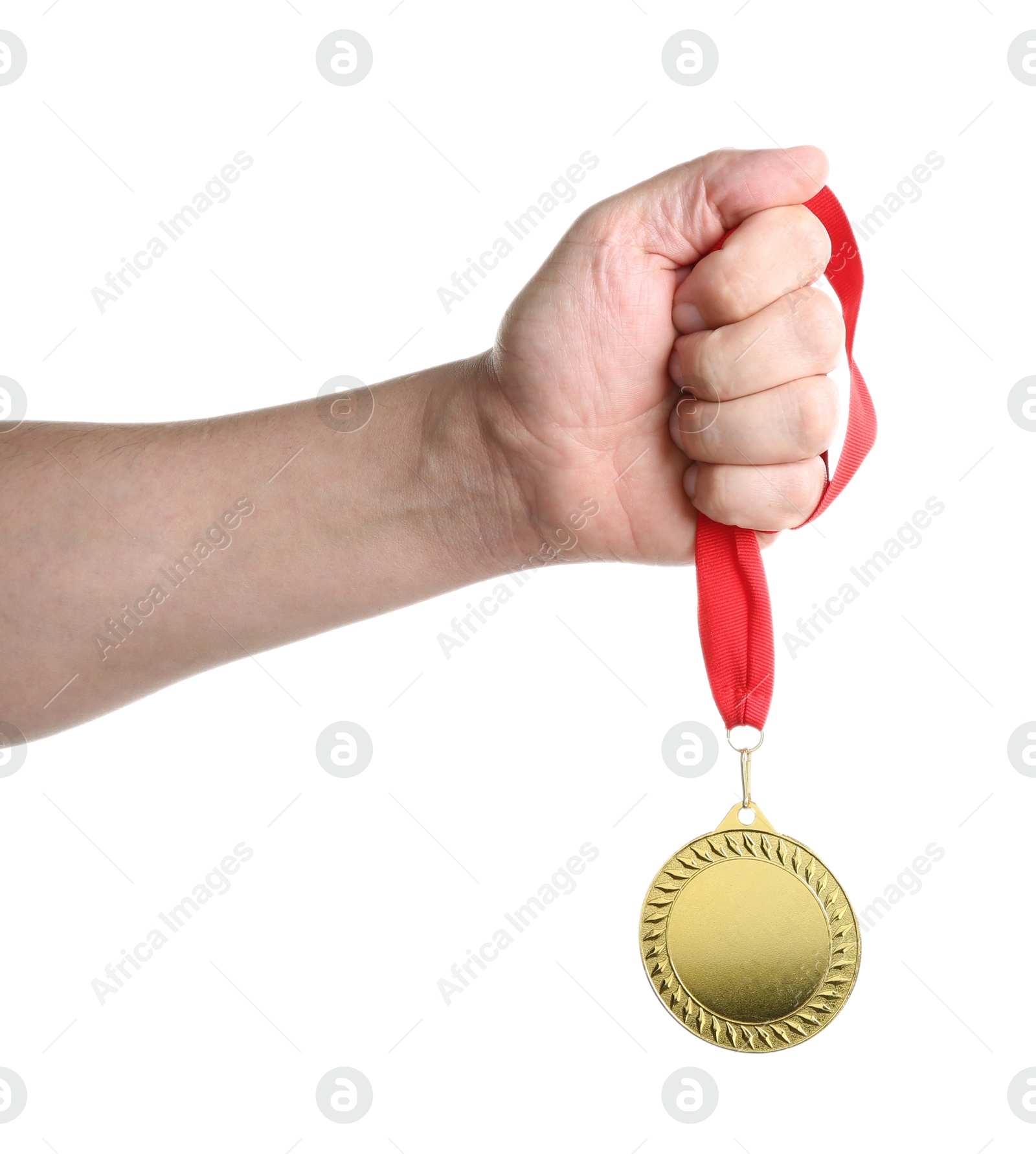 Photo of Man with golden medal on white background, closeup