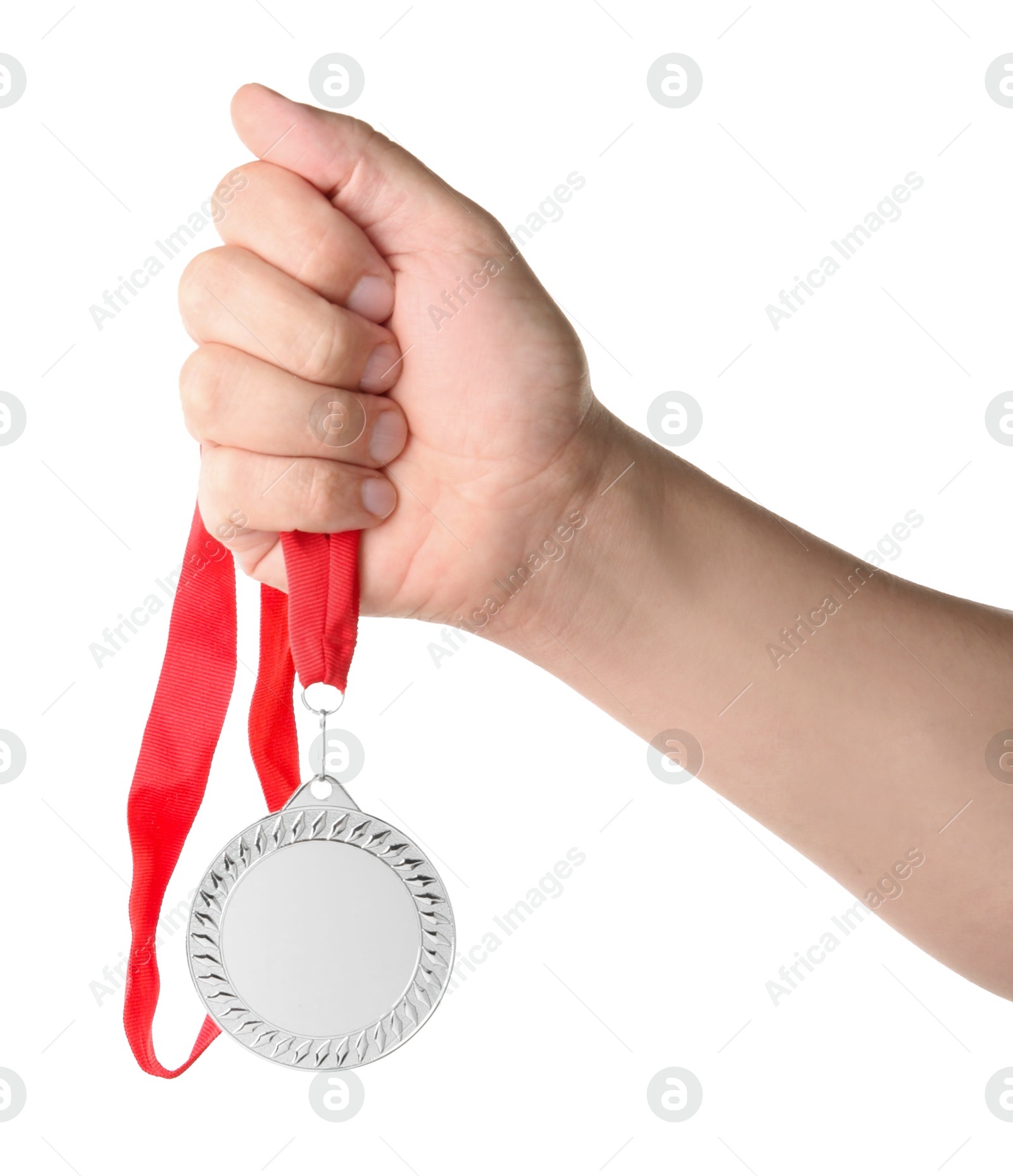 Photo of Man with silver medal on white background, closeup