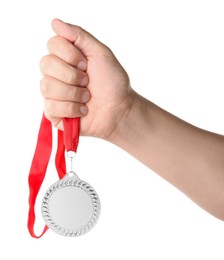 Photo of Man with silver medal on white background, closeup