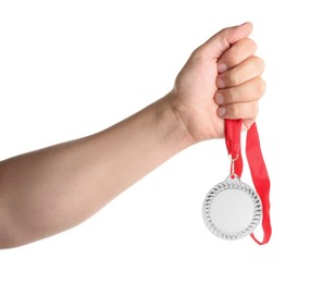 Photo of Man with silver medal on white background, closeup