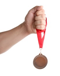 Photo of Man with bronze medal on white background, closeup