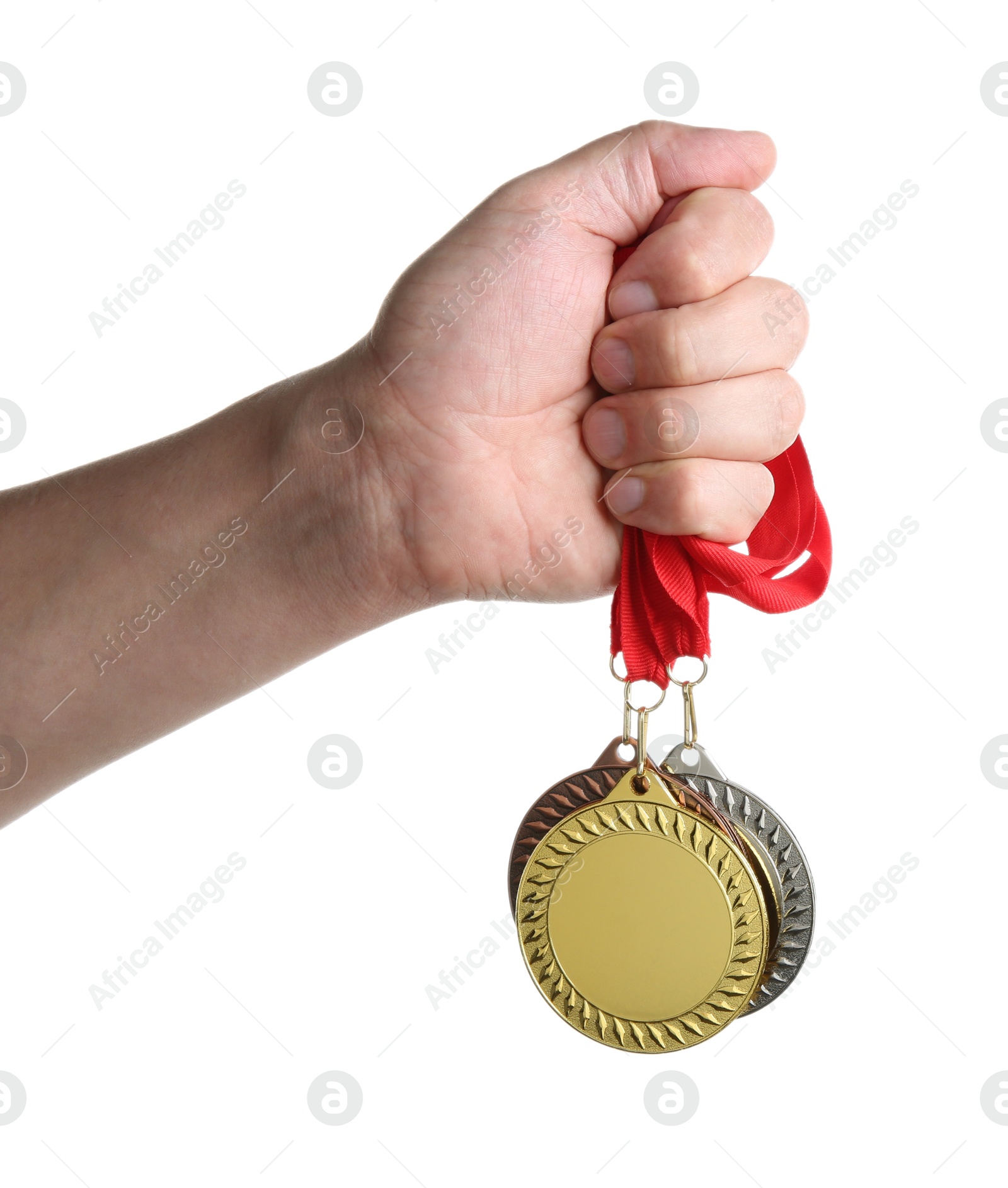 Photo of Man with different medals on white background, closeup