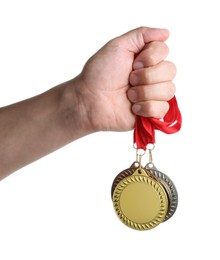 Photo of Man with different medals on white background, closeup