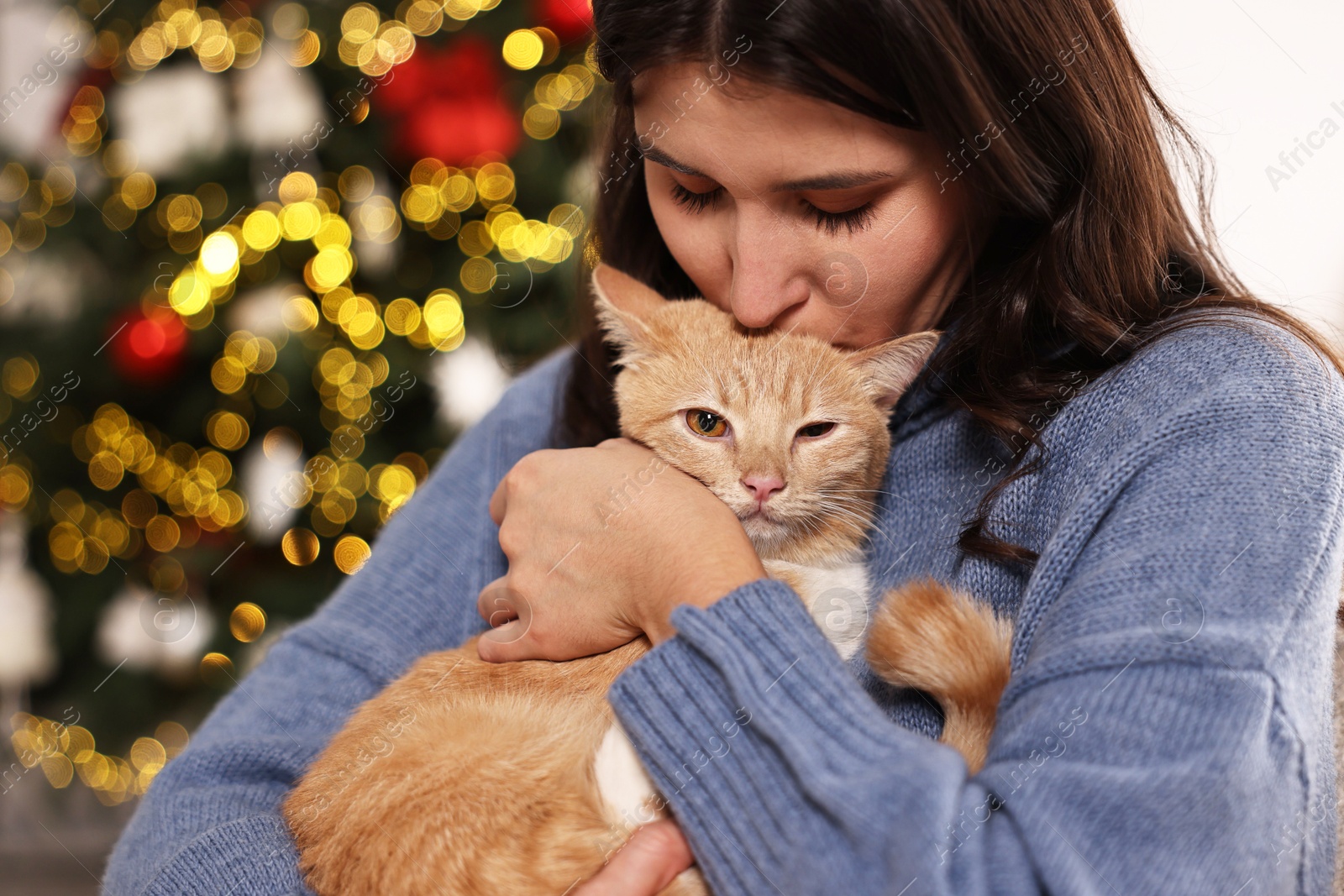 Photo of Woman kissing her cute ginger cat against blurred Christmas lights indoors