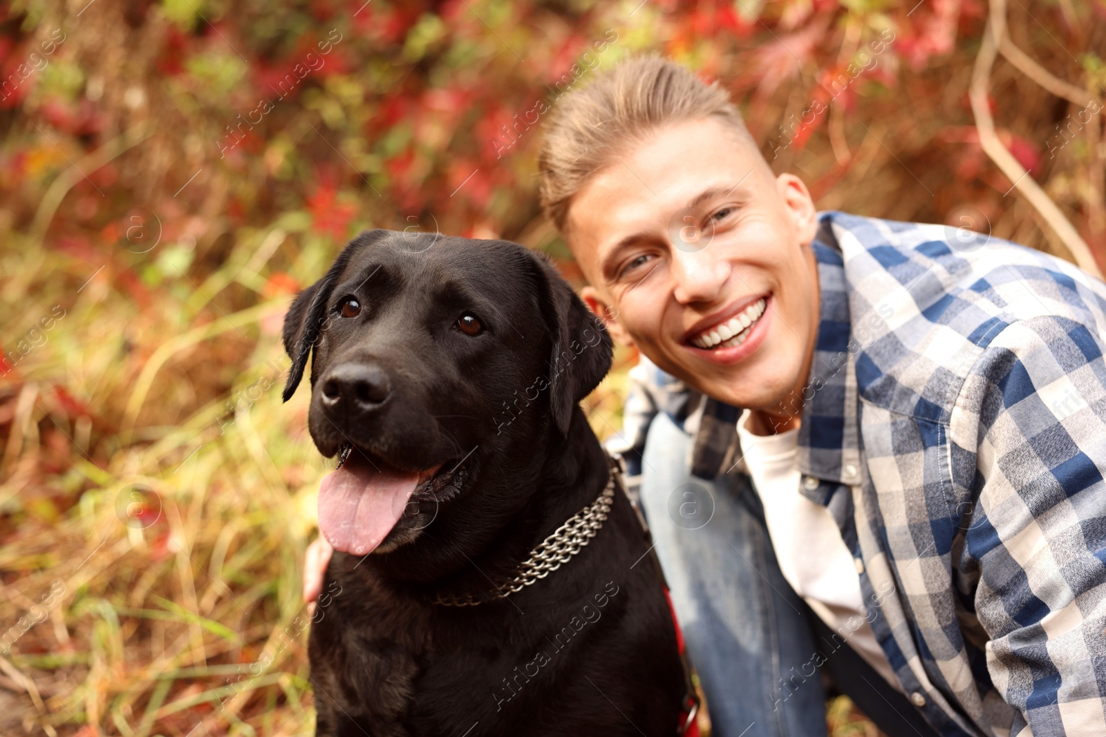 Photo of Smiling man with cute dog outdoors on autumn day