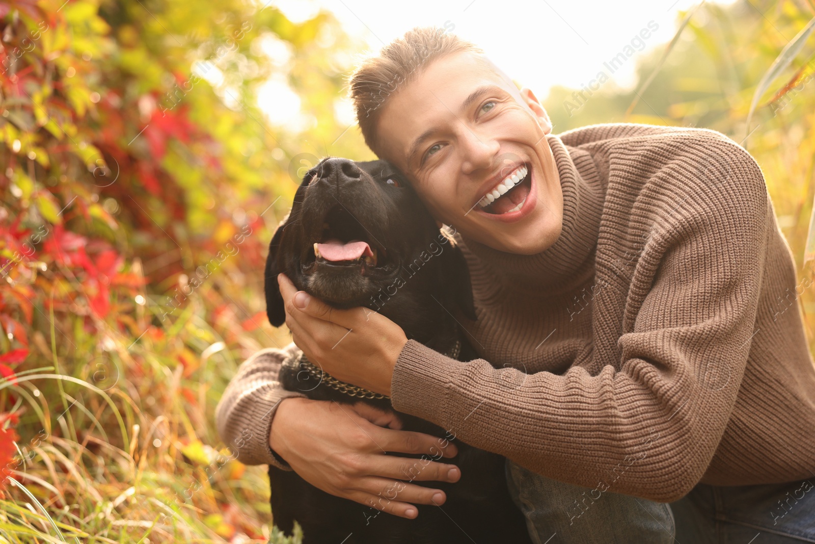 Photo of Happy man hugging cute dog outdoors on autumn day