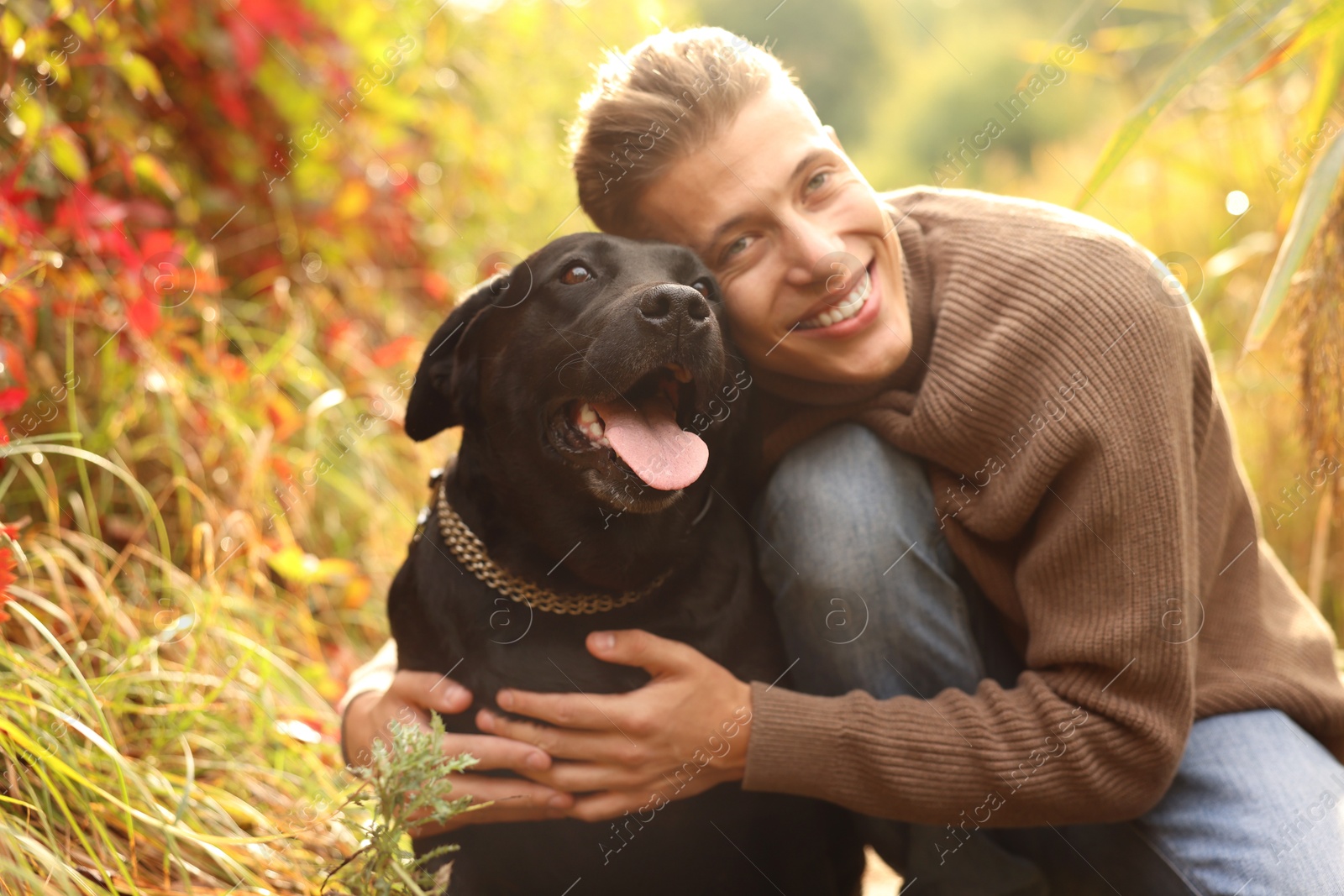 Photo of Smiling man hugging cute dog outdoors on autumn day