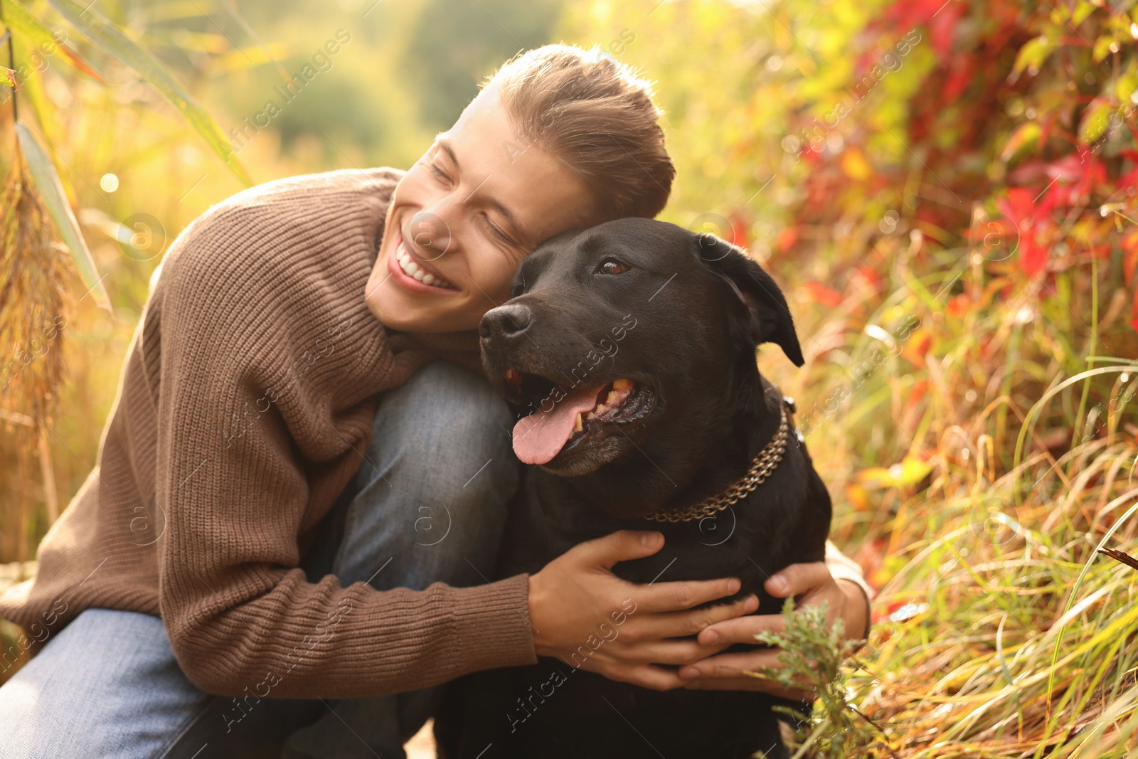 Photo of Smiling man hugging cute dog outdoors on autumn day