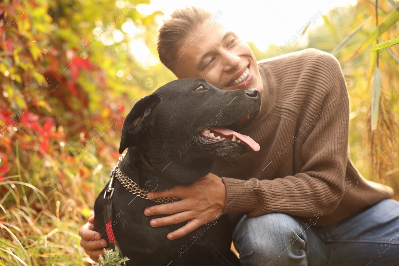 Photo of Smiling man with cute dog outdoors on autumn day