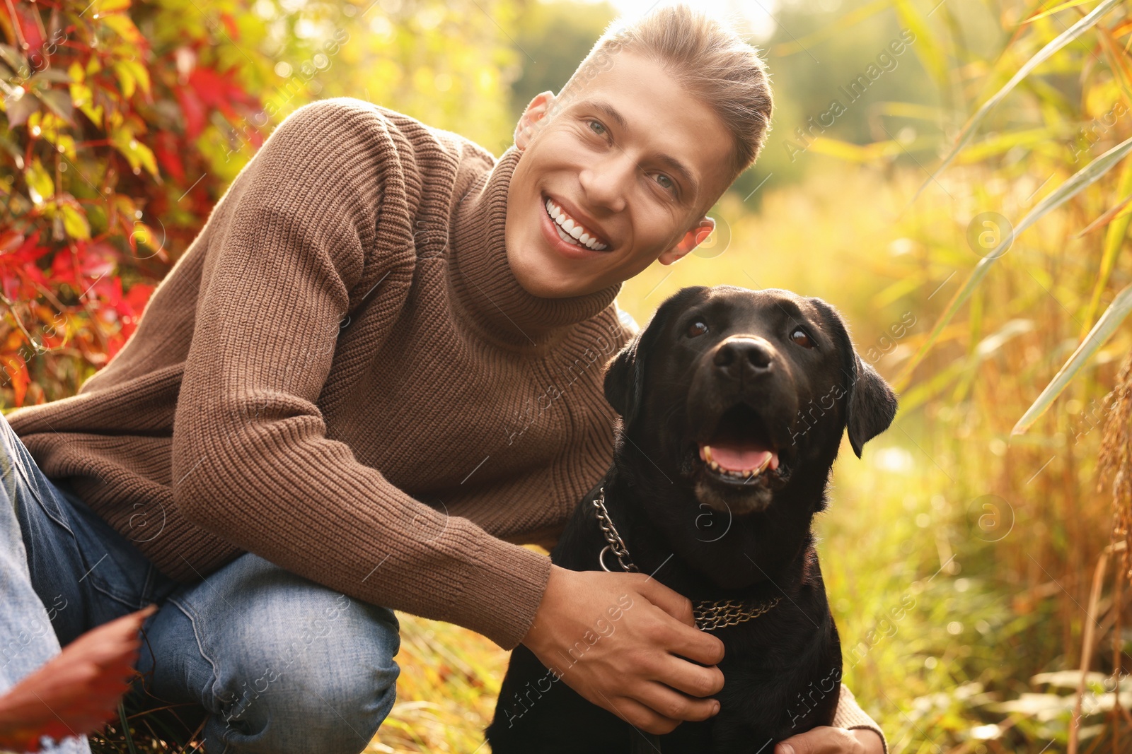 Photo of Smiling man with cute dog outdoors on autumn day