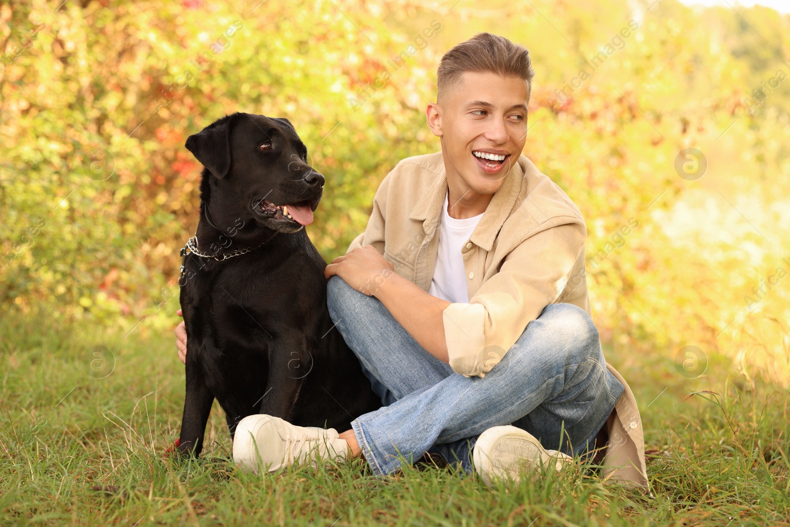 Photo of Smiling man with cute dog outdoors on autumn day