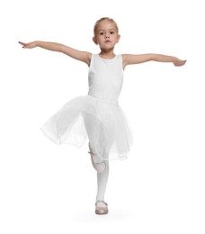 Little girl pretending to be ballerina on white background. Dreaming of future profession