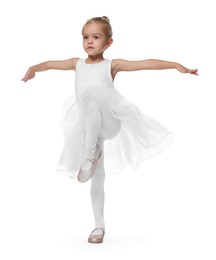 Photo of Little girl pretending to be ballerina on white background. Dreaming of future profession