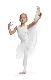 Little girl pretending to be ballerina on white background. Dreaming of future profession