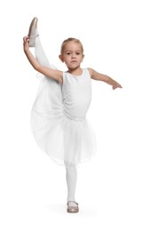 Little girl pretending to be ballerina on white background. Dreaming of future profession