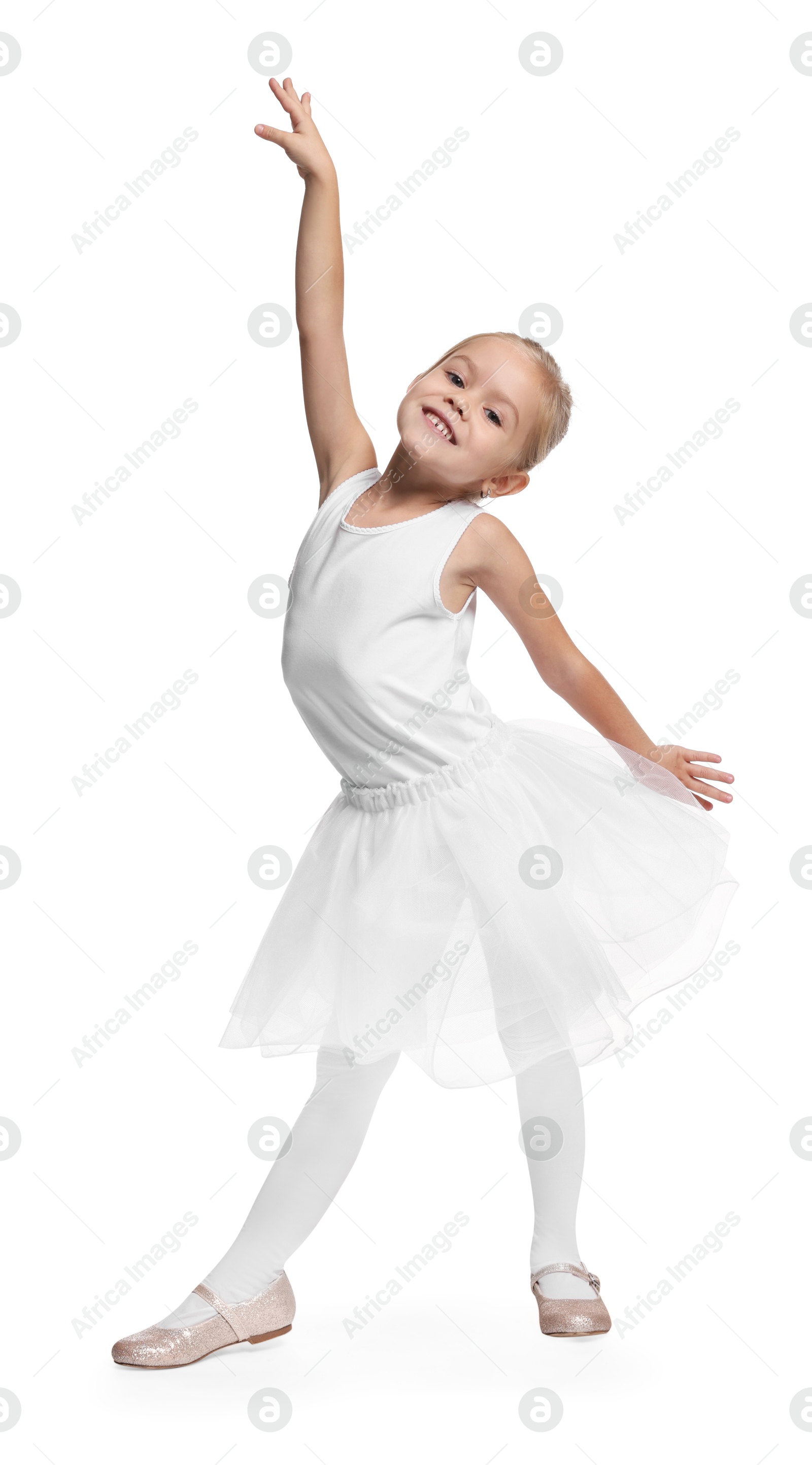 Photo of Little girl pretending to be ballerina on white background. Dreaming of future profession