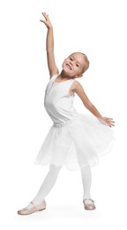 Little girl pretending to be ballerina on white background. Dreaming of future profession