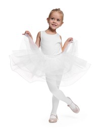 Little girl pretending to be ballerina on white background. Dreaming of future profession