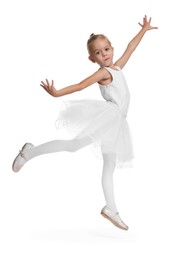 Little girl pretending to be ballerina on white background. Dreaming of future profession