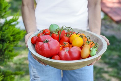 Photo of Woman holding bowl of different fresh tomatoes outdoors, closeup