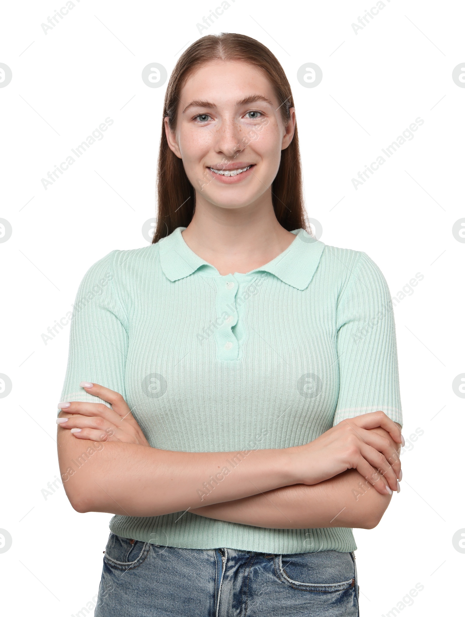 Photo of Smiling girl with braces on white background