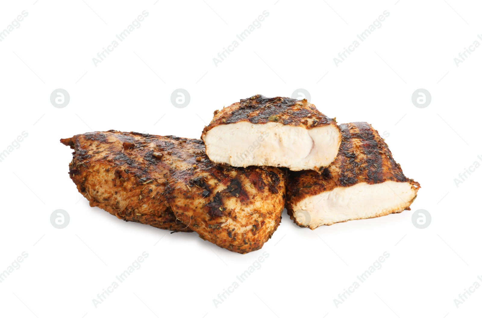 Photo of Tasty grilled chicken breasts isolated on white