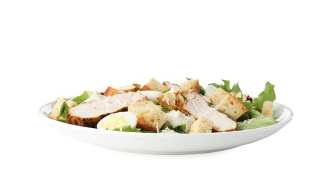 Photo of Tasty Caesar salad with chicken isolated on white