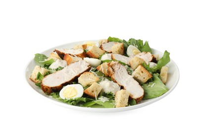 Photo of Tasty Caesar salad with chicken isolated on white