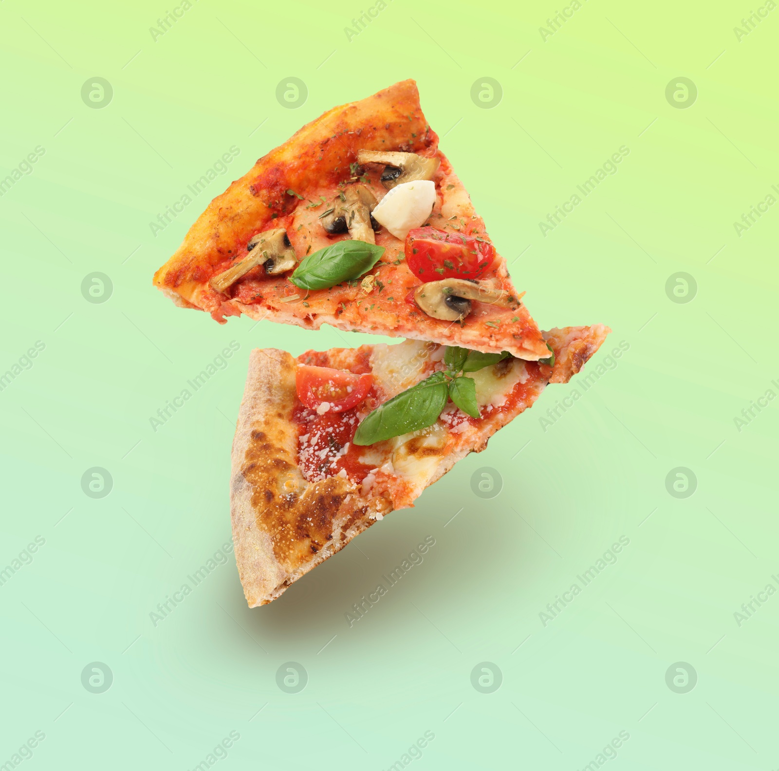 Image of Pizza slices in air on green gradient background