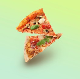 Image of Pizza slices in air on green gradient background