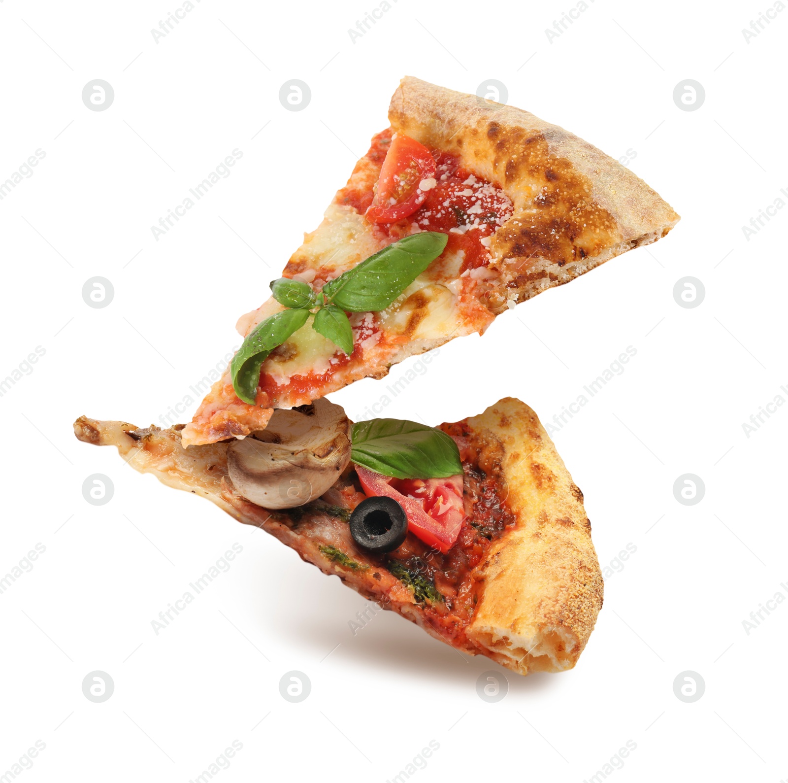 Image of Pizza slices in air on white background