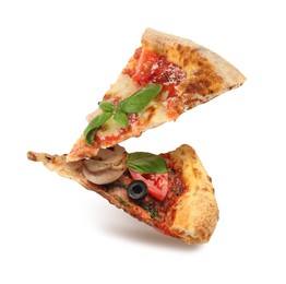 Image of Pizza slices in air on white background