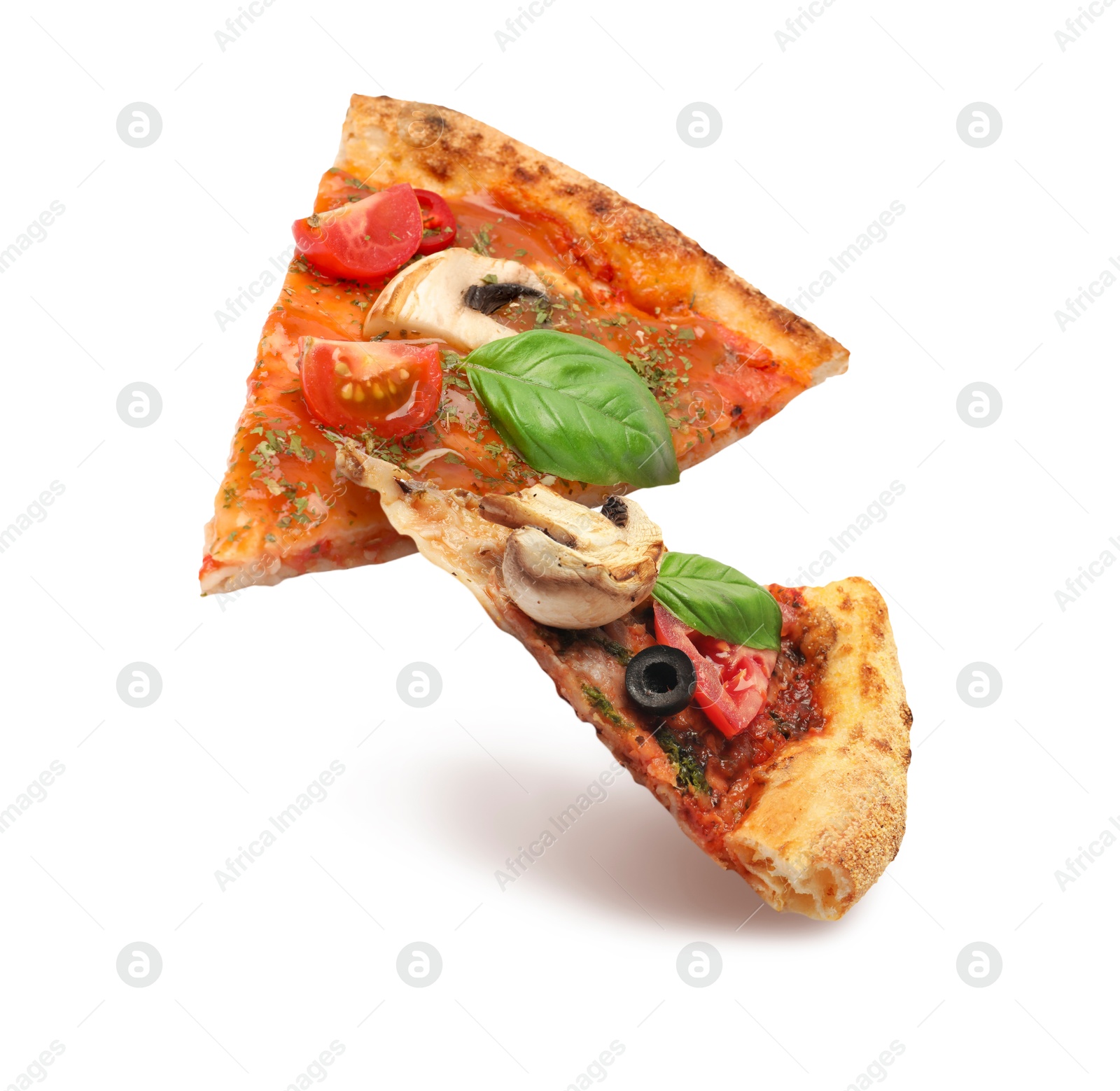 Image of Pizza slices in air on white background