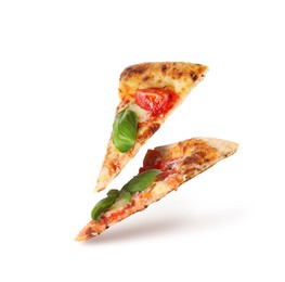 Image of Pizza slices in air on white background