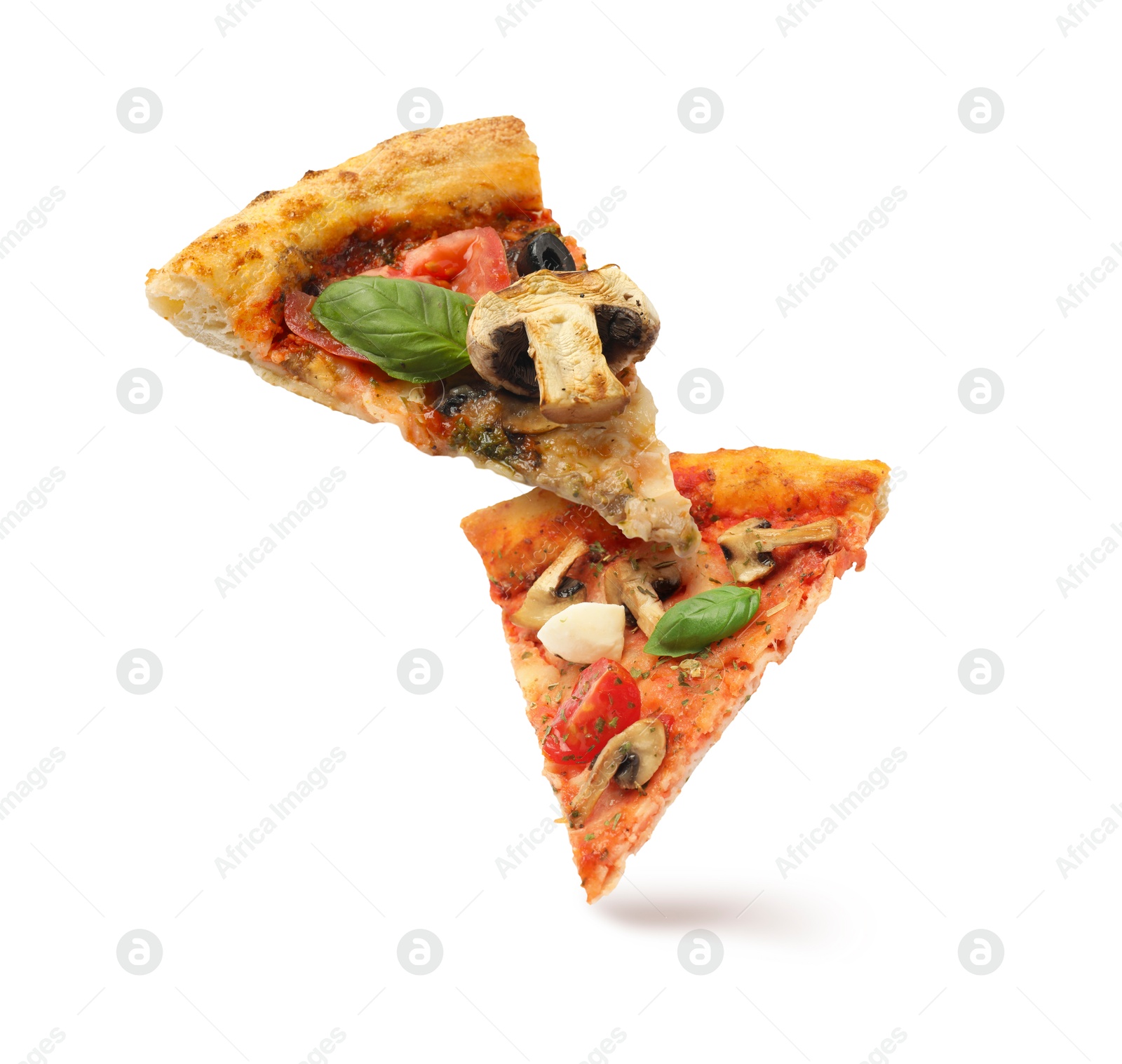 Image of Pizza slices in air on white background