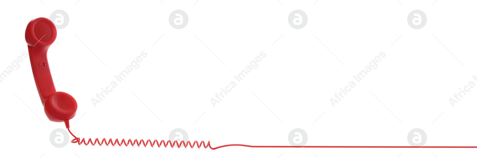 Image of Red corded telephone handset on white background. Banner design with space for text