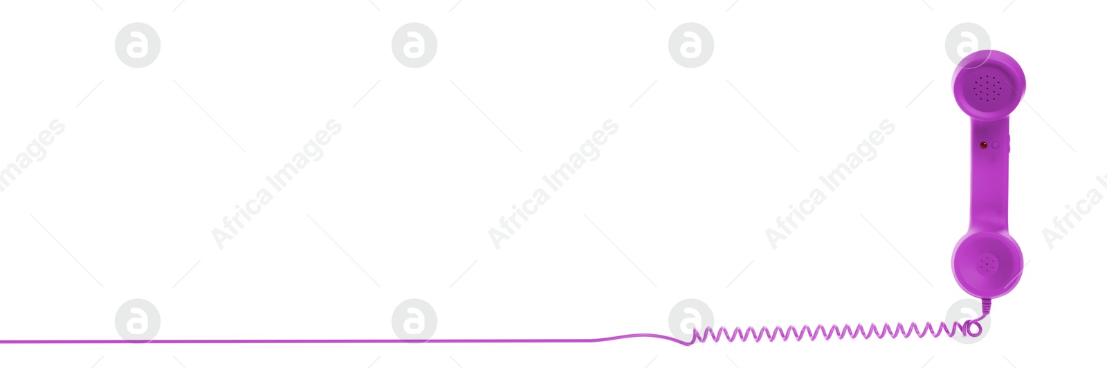 Image of Purple corded telephone handset on white background. Banner design with space for text