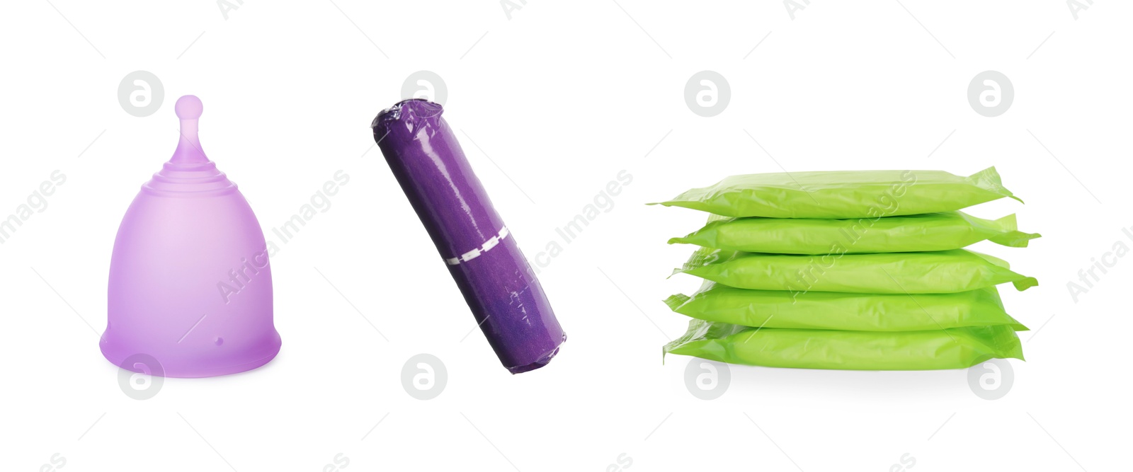 Image of Menstrual cup, tampon and pads isolated on white. Feminine hygiene products