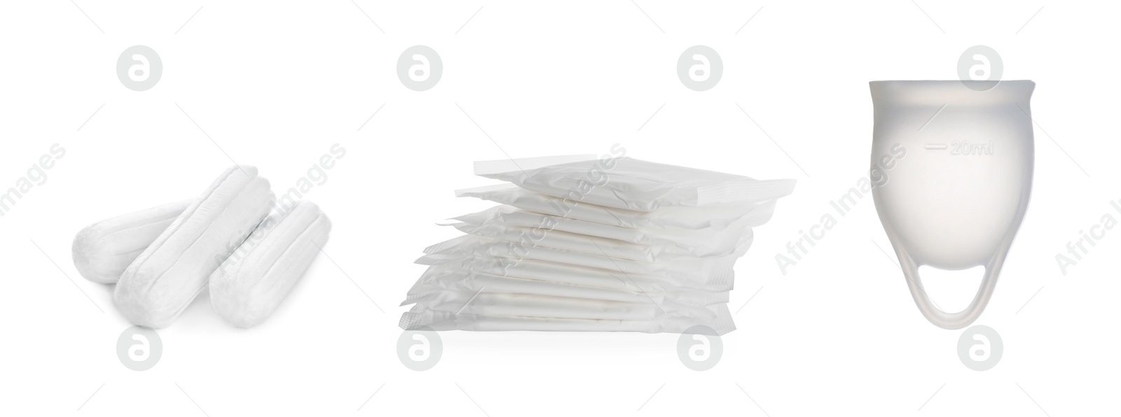 Image of Menstrual cup, tampons and pads isolated on white. Feminine hygiene products