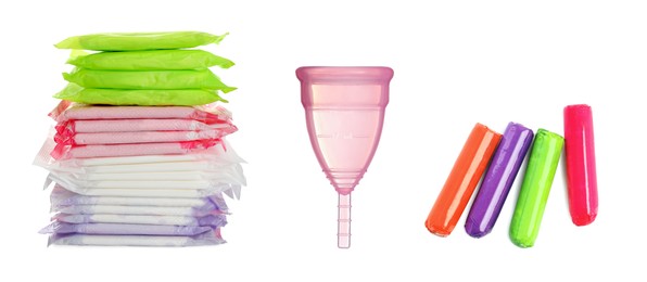 Menstrual cup, tampons and pads isolated on white. Feminine hygiene products